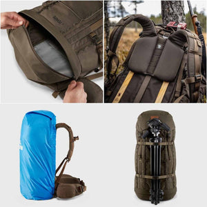 Fjallraven Singi 48 backpack showing storage compartments, back panel, blue rain cover, and tripod attachment