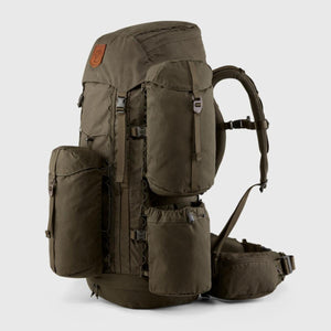 Olive green FjallRaven trekking backpack with multiple side pockets and adjustable straps