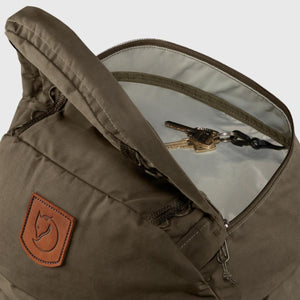 Open Fjallraven backpack showing internal compartment with keys attached to a clip