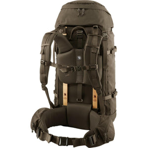 Back view of dark green FjallRaven Kajka backpack showing wooden frame and adjustable harness system