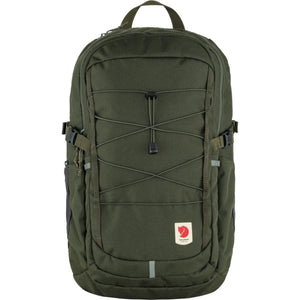 Fjallraven dark green backpack with front bungee cord system and top handle
