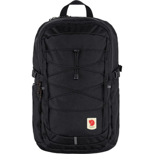 Black FjallRaven backpack with front bungee cord system and logo patch