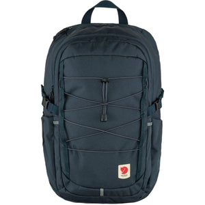 Dark blue Fjallraven backpack with front bungee cord system and logo patch