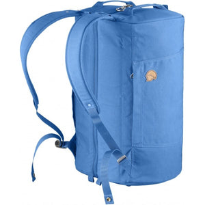 Blue FjallRaven duffel backpack with shoulder straps and side pocket