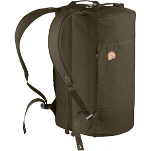 FjallRaven olive green cylindrical backpack with shoulder straps and logo patch