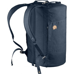 Dark blue FjallRaven duffel backpack with adjustable shoulder straps and side pocket