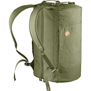 Olive green FjallRaven duffel backpack with shoulder straps and side pocket