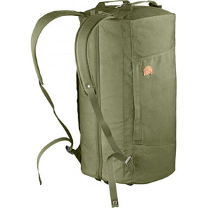 Olive green FjallRaven duffel backpack with shoulder straps and side pocket