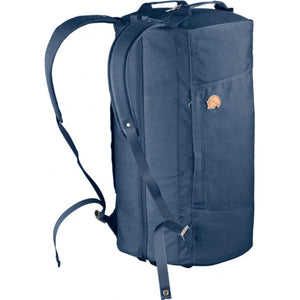 FjallRaven blue duffel backpack with shoulder straps and leather logo patch