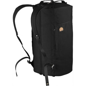 FjallRaven black duffel backpack with shoulder straps and front pocket