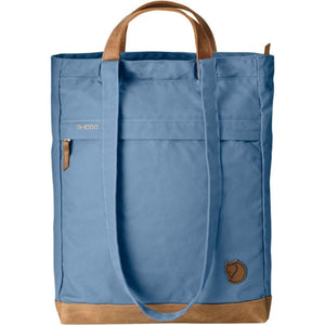 FjallRaven blue tote bag with brown leather handles and base