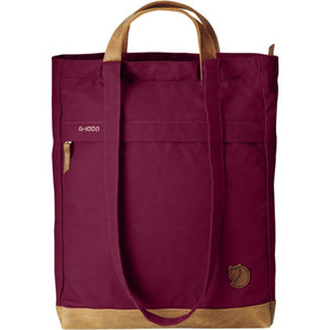 FjallRaven burgundy tote bag with leather handles and base