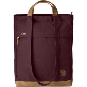 FjallRaven burgundy tote bag with leather handles and base