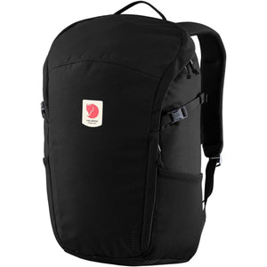 Black Fjallraven Bergshell backpack with front logo patch and side compression straps