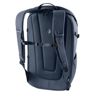 Back view of a blue FjallRaven backpack showing mesh padded shoulder straps and back panel