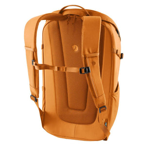 Back view of orange FjallRaven backpack with mesh back panel and adjustable shoulder straps