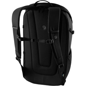 Back view of black Fjallraven backpack with mesh padded straps and back panel