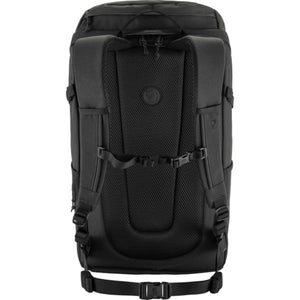 Back view of black Fjallraven backpack with mesh back panel and adjustable sternum strap
