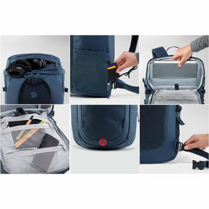Fjallraven blue backpack showing various storage compartments and features