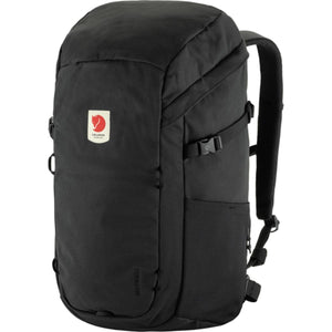Black FjallRaven backpack with side compression straps and front logo patch