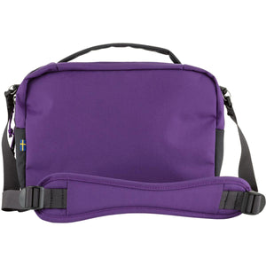 Purple FjallRaven shoulder bag with black strap and top handle