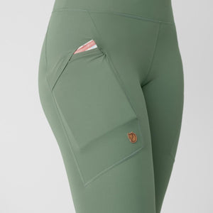 Fjallraven green leggings with side pocket and small leather fox logo