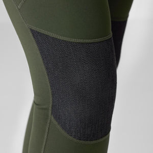 FjallRaven olive green leggings with reinforced black textured knee panels