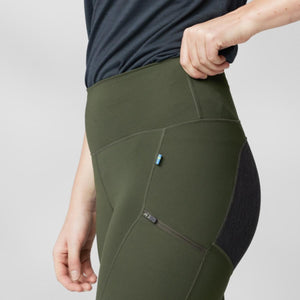 FjallRaven olive green high waisted leggings with side zipper pocket and black textured side panel