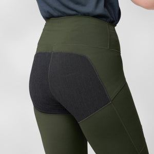 FjallRaven olive green leggings with reinforced black seat panels