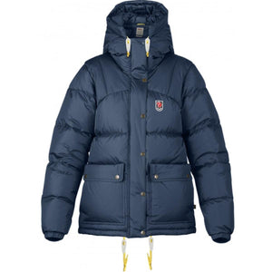Fjallraven Expedition down jacket in navy blue with hood and front pockets