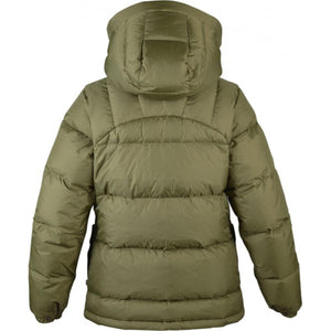 Back view of olive green hooded puffer jacket