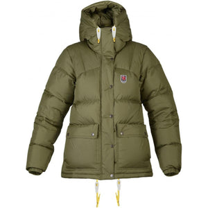 Olive green FjallRaven down parka with hood and front pockets