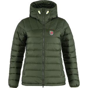 FjallRaven olive green hooded down jacket with front zipper and logo patch