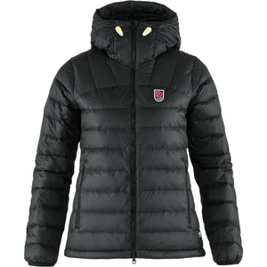 FjallRaven black hooded down jacket with front zipper and logo patch