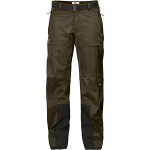 FjallRaven olive green hiking trousers with black belt and reinforced lower leg panels