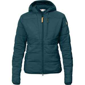 FjallRaven dark teal hooded insulated jacket with front zip and chest pocket