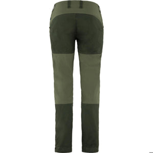 Back view of olive green outdoor trousers with reinforced seat and leg panels