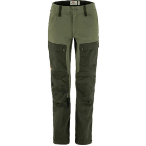 FjallRaven olive green trekking trousers with reinforced knee and thigh panels