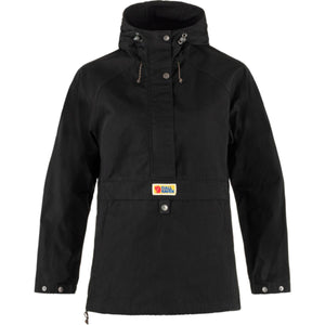FjallRaven black hooded anorak jacket with front pocket and snap button closure