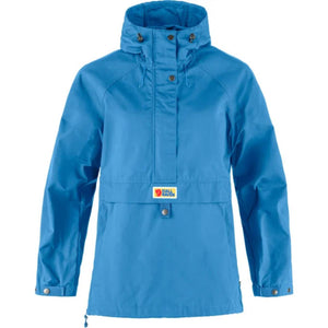 FjallRaven blue hooded anorak jacket with front pocket and snap button closures