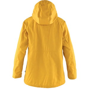 Back view of a yellow FjallRaven hooded jacket