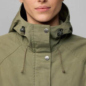 Close up of olive green FjallRaven jacket hood and collar with snap buttons and drawstring