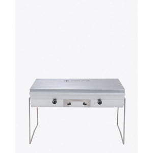 Snow Peak stainless steel two burner camping stove with wire legs