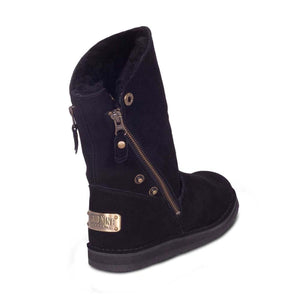 Cloud Nine Sheepskin black suede mid calf boot with side zipper and metal logo plate
