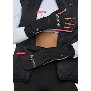 FNDN heated gloves with built in mitt feature shown on person wearing black vest