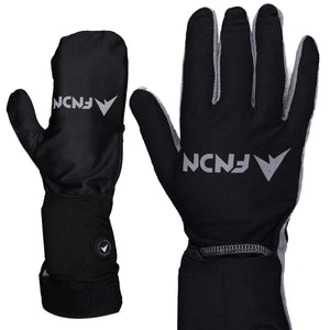 FNDN black heated glove and mitten set with grey trim and logo