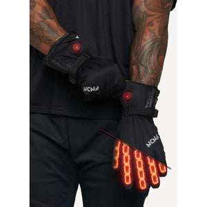 FNDN black heated gloves with illuminated red power buttons and finger heating elements