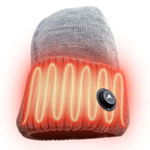 FNDN grey knit beanie with visible internal heating elements and circular control button