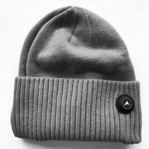 FNDN grey knit beanie with ribbed cuff and circular logo patch