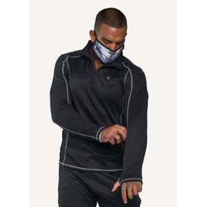 Man wearing a black FNDN quarter zip long sleeve shirt and a patterned face mask